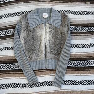 Women's Vintage 80's Rabbit Fur Skin Acrylic Gray Zip Up Ribbed Sweater Sz Large